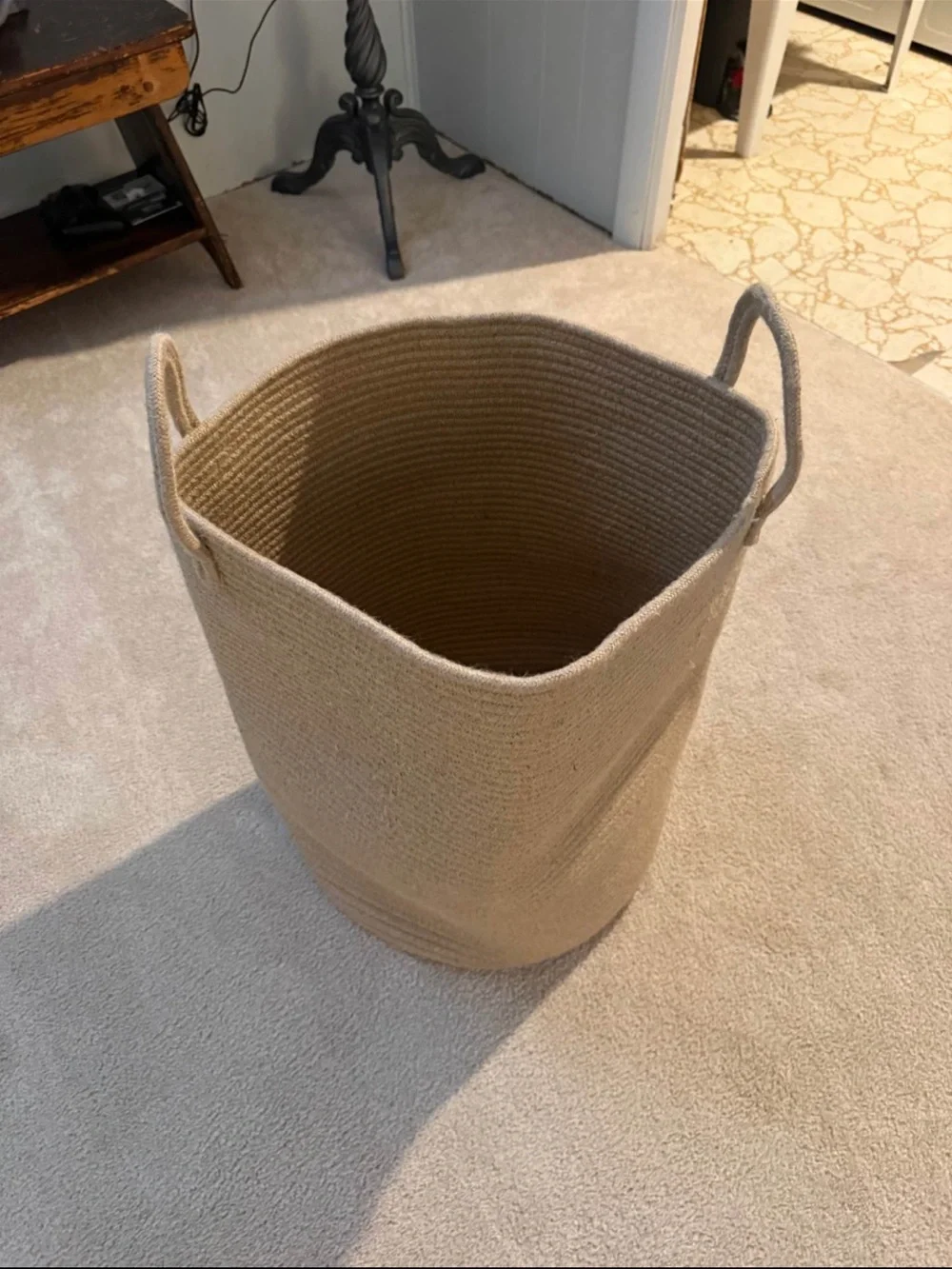 Jute Woven Rope Storage Basket with Handles - Cream